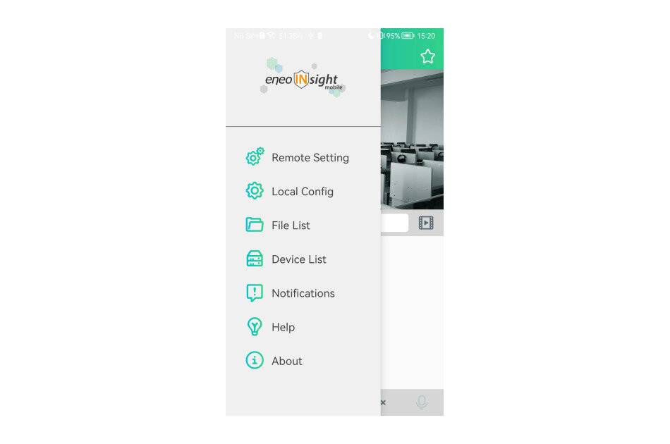 Ein mobiles App-Seitenmenü für eneonInsight zeigt Optionen für Ferneinstellung, Lokale Konfiguration, Dateiliste, Geräteliste, Benachrichtigungen, Hilfe und Über an.