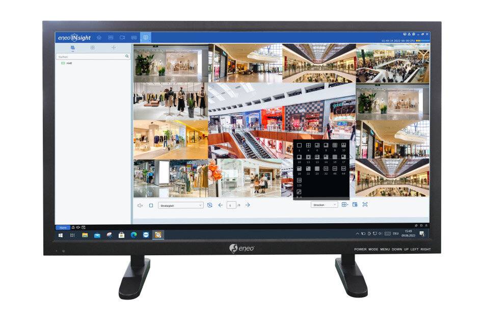 Computermonitor zeigt eine Video-Überwachungs-Sicherheitsanwendung mit einem Raster aus Einzelhandelszentrums-Kameraansichten und Steuerelementen am unteren Rand und auf der linken Seite an.