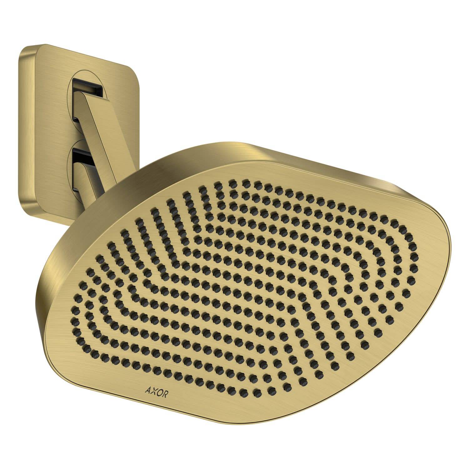 Goldfarbener quadratischer Wandbrausekopf mit großer ovaler Sprühfläche, die mit Düsen bedeckt ist, befestigt durch einen kurzen abgewinkelten Arm.
