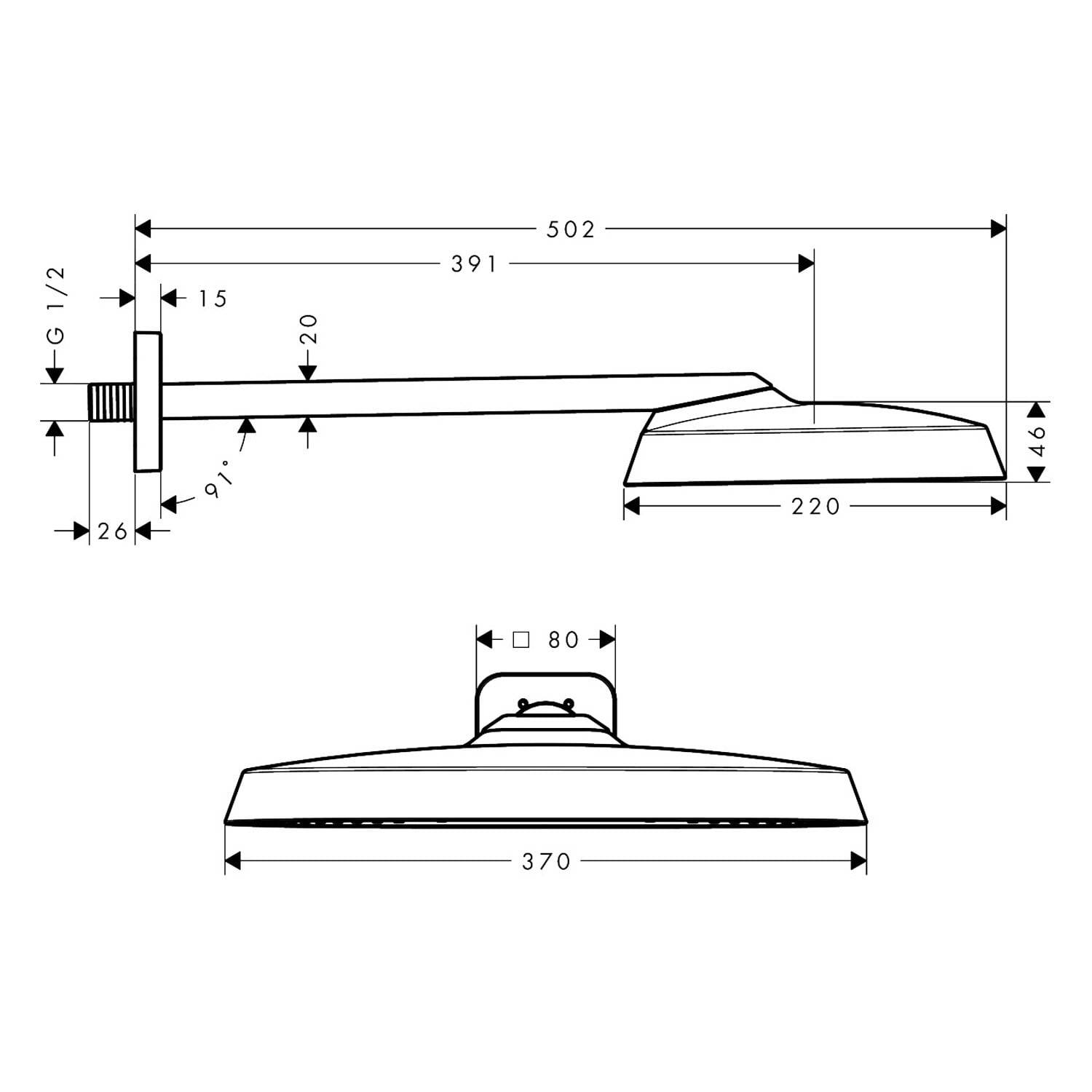 Technische Abmessungszeichnung eines wandmontierten Duschkopfes und Rohrs, Seiten- und Frontansicht mit Abmessungen: 502 mm lang, 370 mm breit, 220 mm Kopftiefe, 46 mm hoch, G1/2-Anschluss.