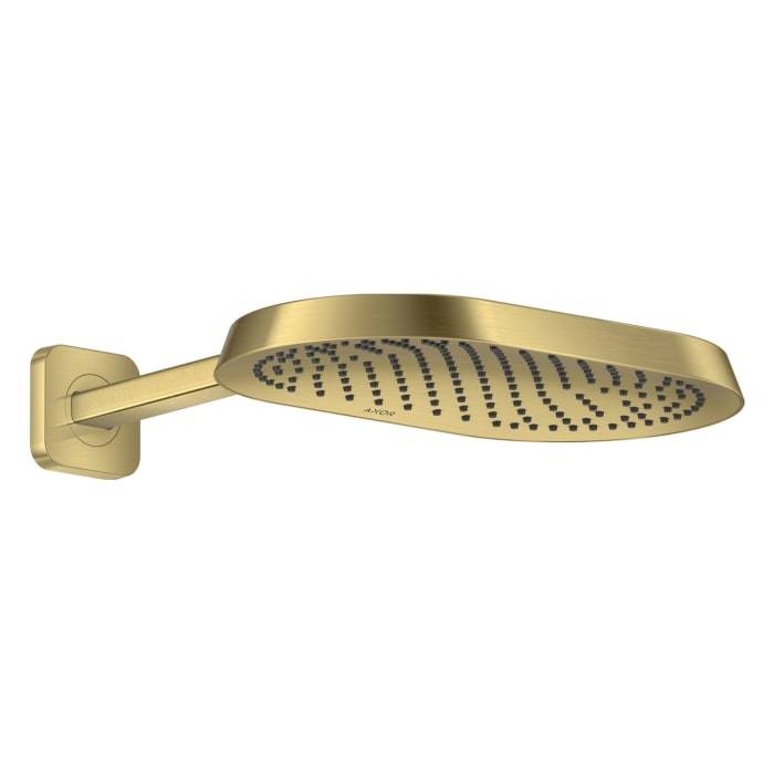 Goldene, an der Wand montierte Regenduschkopf mit rechteckigem Arm, dargestellt in der Seitenansicht auf weißem Hintergrund.