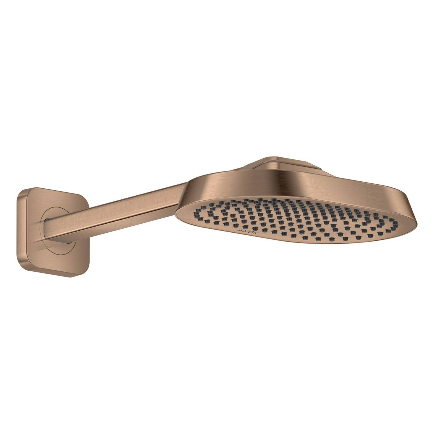 Wandmontierter Regenduschkopf aus Bronze mit quadratischem Arm und gerundeter Sprühfläche.