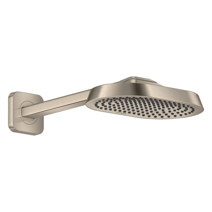Wandmontierter Regenduschkopf aus gebürstetem Nickel auf weißem Hintergrund.