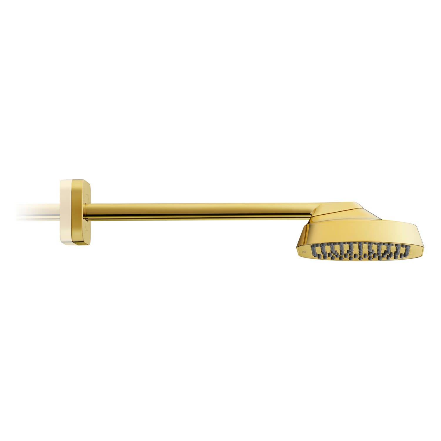 Goldene wandmontierte Duschkopf mit langem horizontalem Arm und rundem Sprühkopf auf weißem Hintergrund.