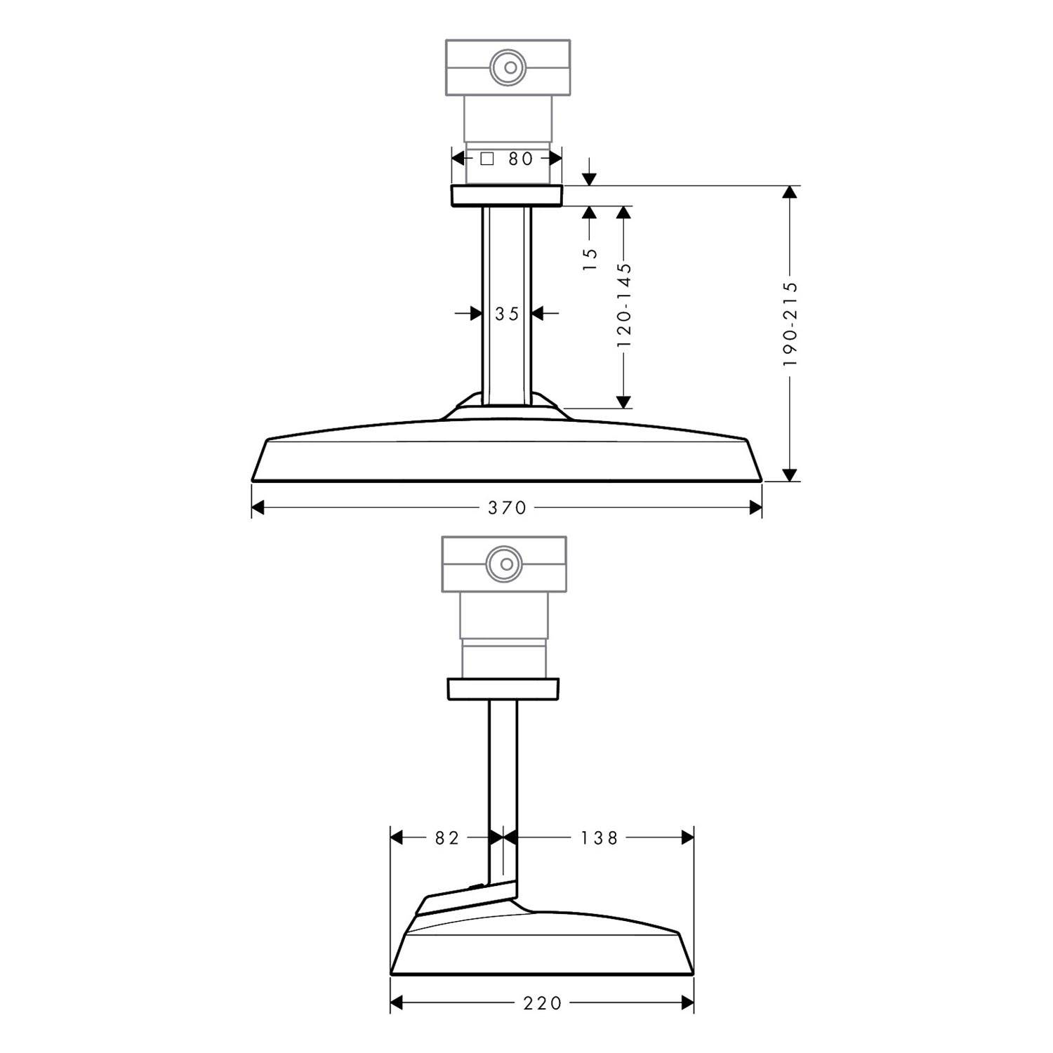 Technische Strichzeichnung einer Deckenleuchtenhalterung, dargestellt in Front- und Seitenansicht mit beschrifteten Abmessungen, einschließlich einer Breite von 370 mm und einer Höhe von 190–215 mm.