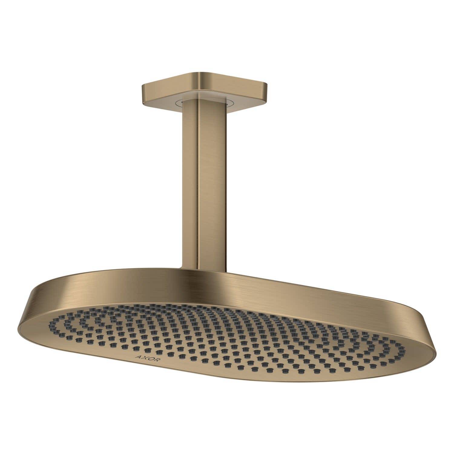 Goldene Deckenbrause mit rechteckigem Arm und ovalem Sprühkopf