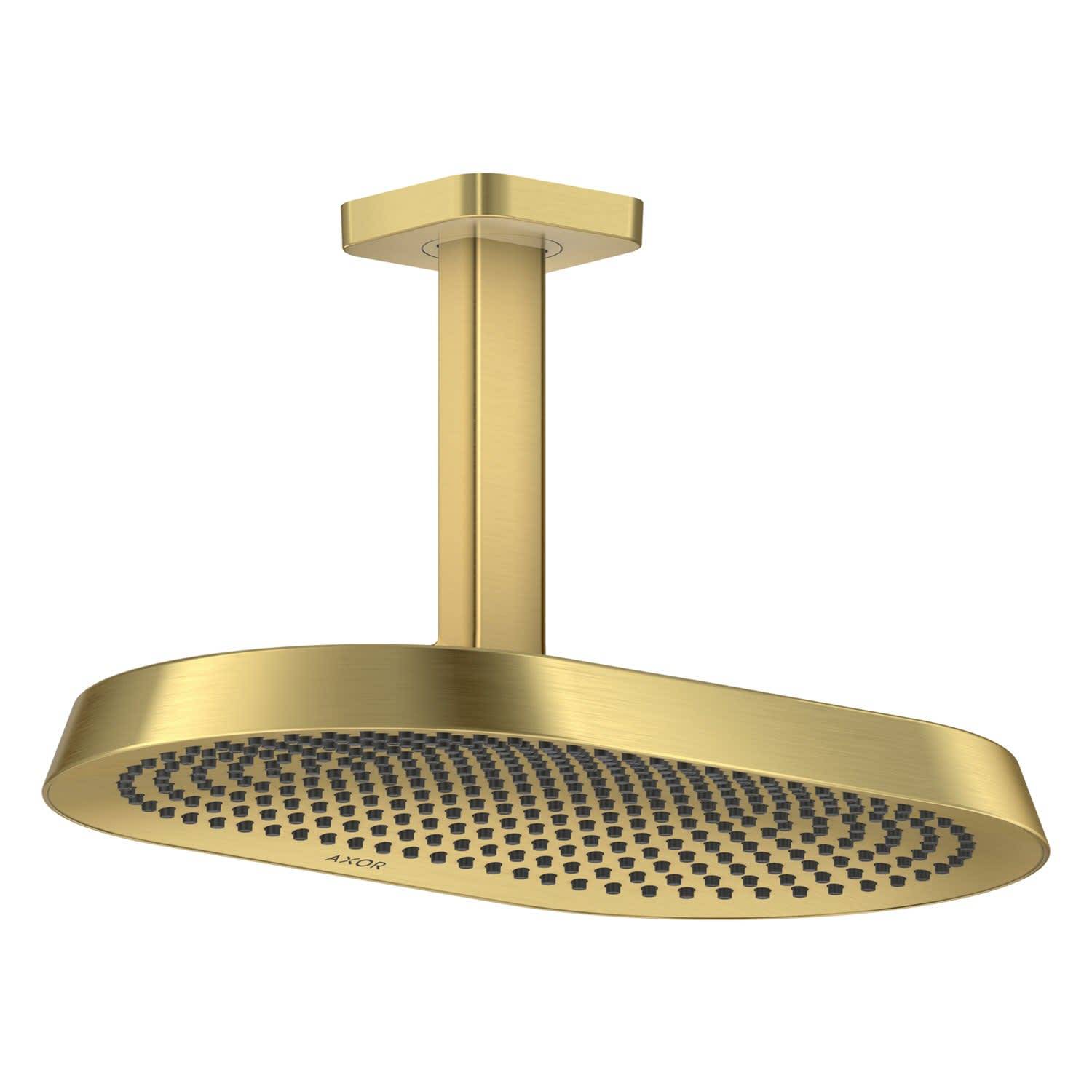 Goldener Regenduschkopf mit quadratischem Deckenarm, isoliert auf weißem Hintergrund dargestellt.