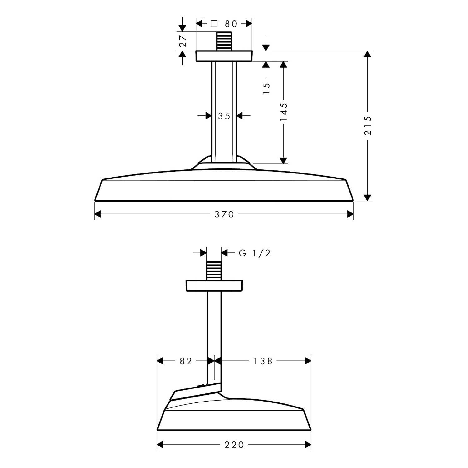 Technische Zeichnung einer Deckenleuchte mit Vorder- und Seitenansicht mit den Maßen: 370 mm Breite, 215 mm Höhe, G 1/2 Anschluss und 220 mm Tiefe.