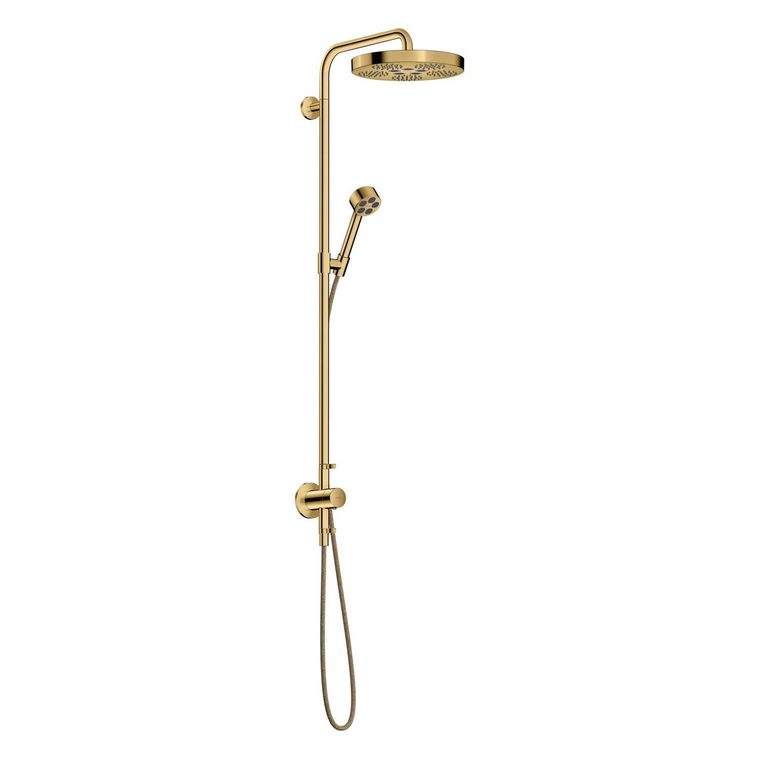 Goldduschenanlage mit rundem Regenduschkopf, tragbarem Handbrausekopf und Schlauch auf weißem Hintergrund.