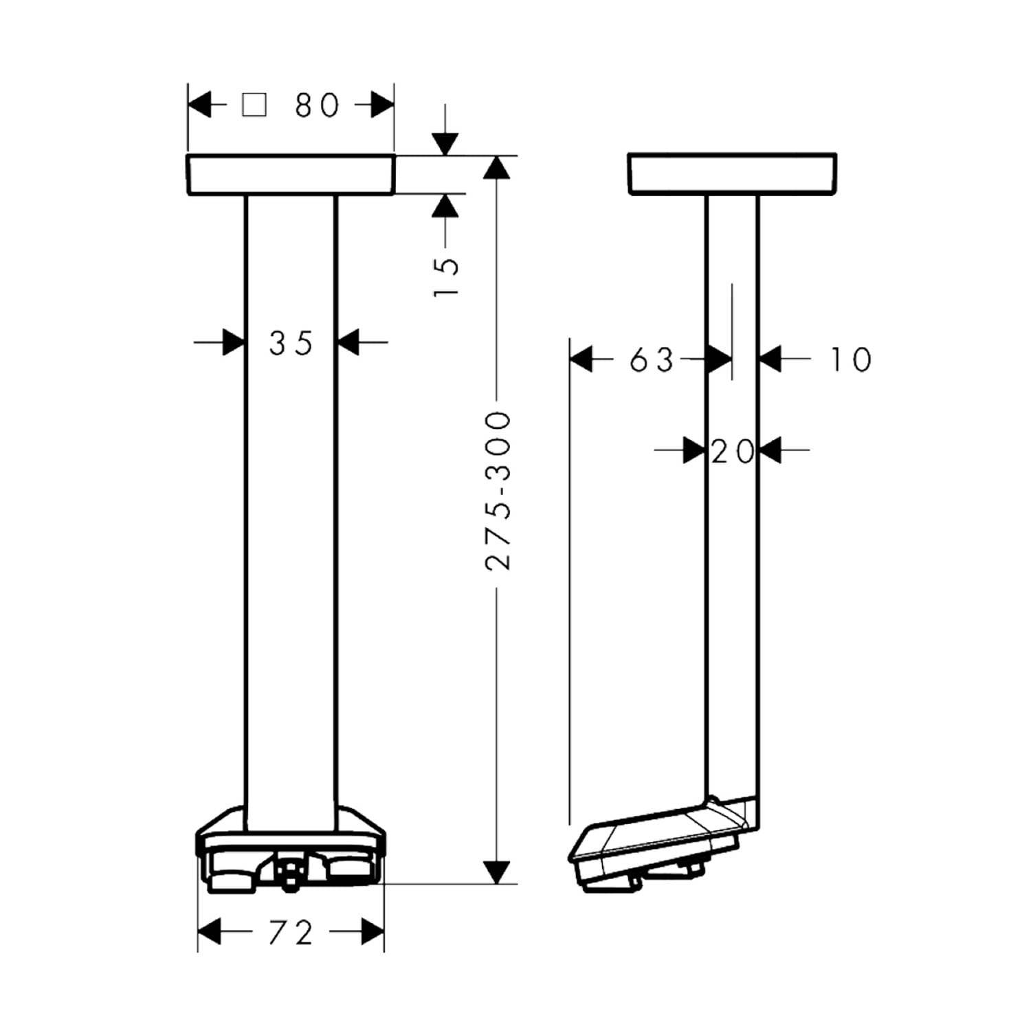 Technische Zeichnung eines Sockelständers mit Vorder- und Seitenansicht sowie Bemaßungen: 80 mm oben, 275–300 mm Höhe, 72 mm Basis und 63/10/20/35 mm Breiten.