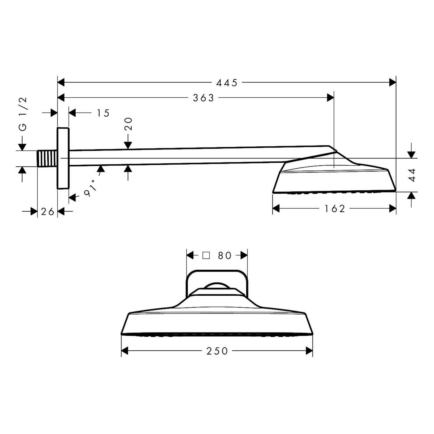 Technische Maßzeichnung eines Duschkopfs und Rohrs mit Seiten- und Vorderansicht mit Abmessungen von 445 mm Länge, 250 mm Breite und 44 mm Höhe.
