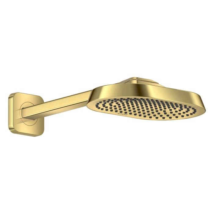 Goldener, an der Wand montierter Duschkopf mit rundem Sprühkopf und einem horizontalen Arm auf weißem Hintergrund.