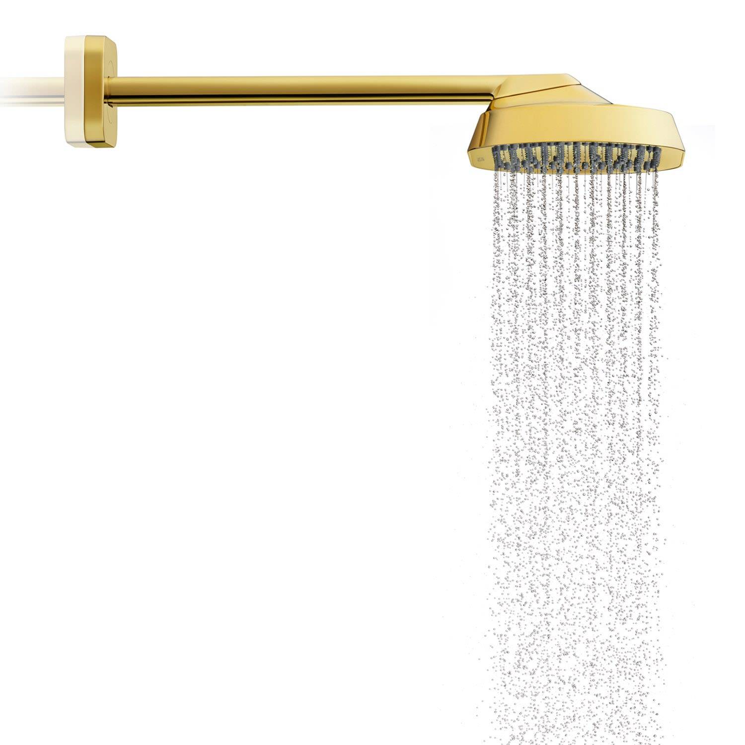 Goldener Duschkopf auf einem horizontalen Arm montiert, das Wasser nach unten sprühend vor weißem Hintergrund in einem Produktbild.