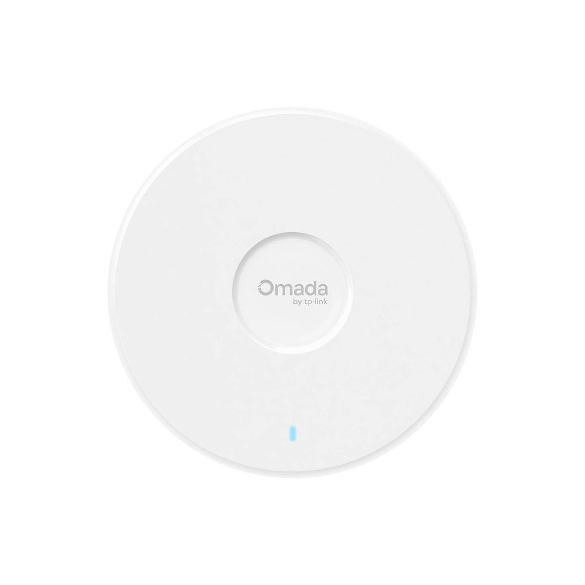 Weißer runder WLAN-Zugriffspunkt von Omada by TP-Link mit einem kleinen blauen Statuslicht