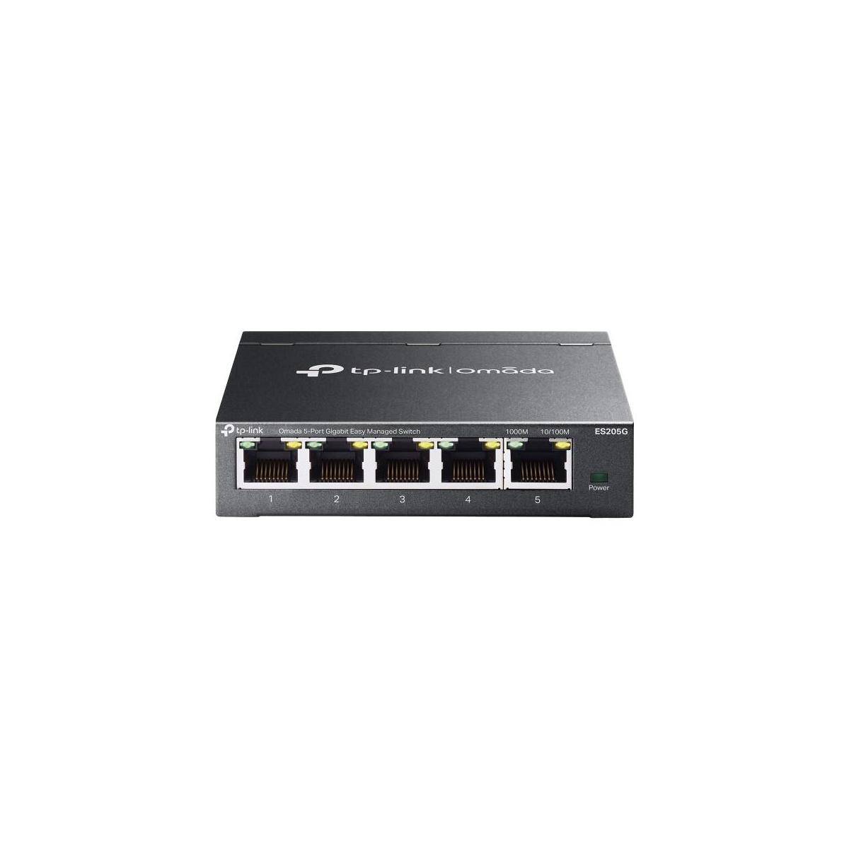 Vorderansicht eines TP-Link LiteWave Ethernet-Switches mit fünf nummerierten RJ45-Anschlüssen und Statusleuchten.