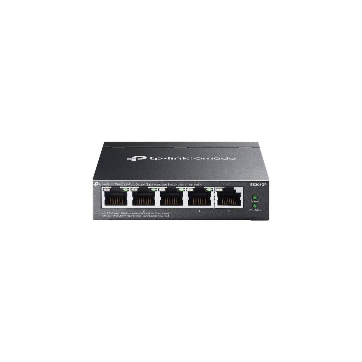 TP-Link Omada Ethernet-Switch mit fünf vorderen RJ45-Anschlüssen und Statusleuchten auf weißem Hintergrund.
