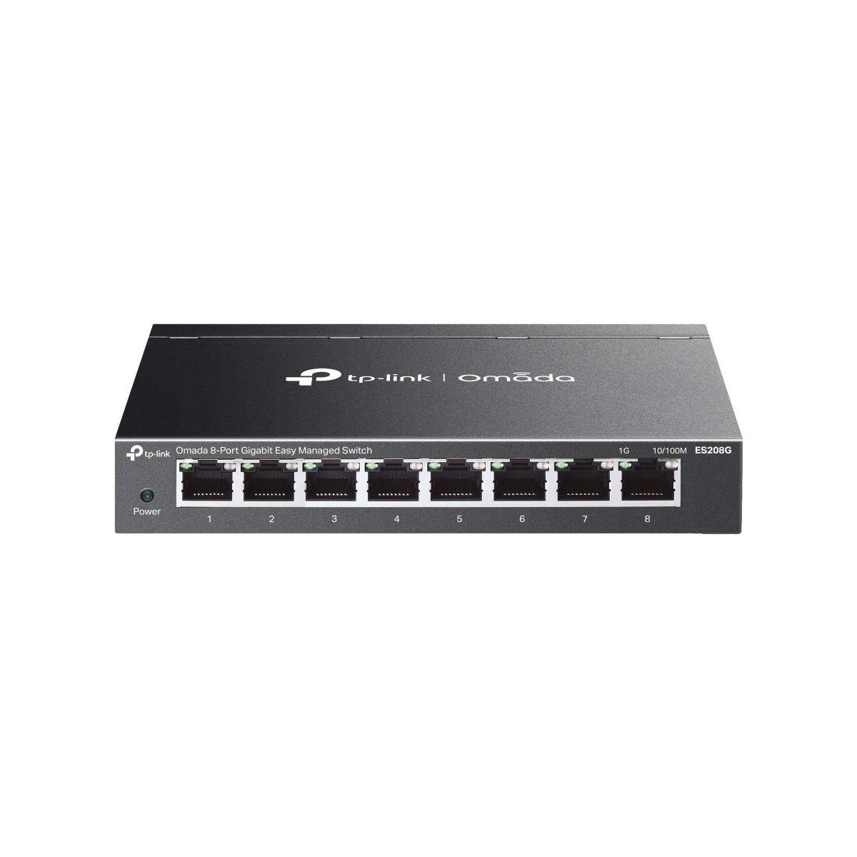 Vorderansicht eines TP-Link Omada 8-Port-Gigabit-Ethernet-verwalteten Switch mit nummerierten Ports und Stromanzeige auf weißem Hintergrund
