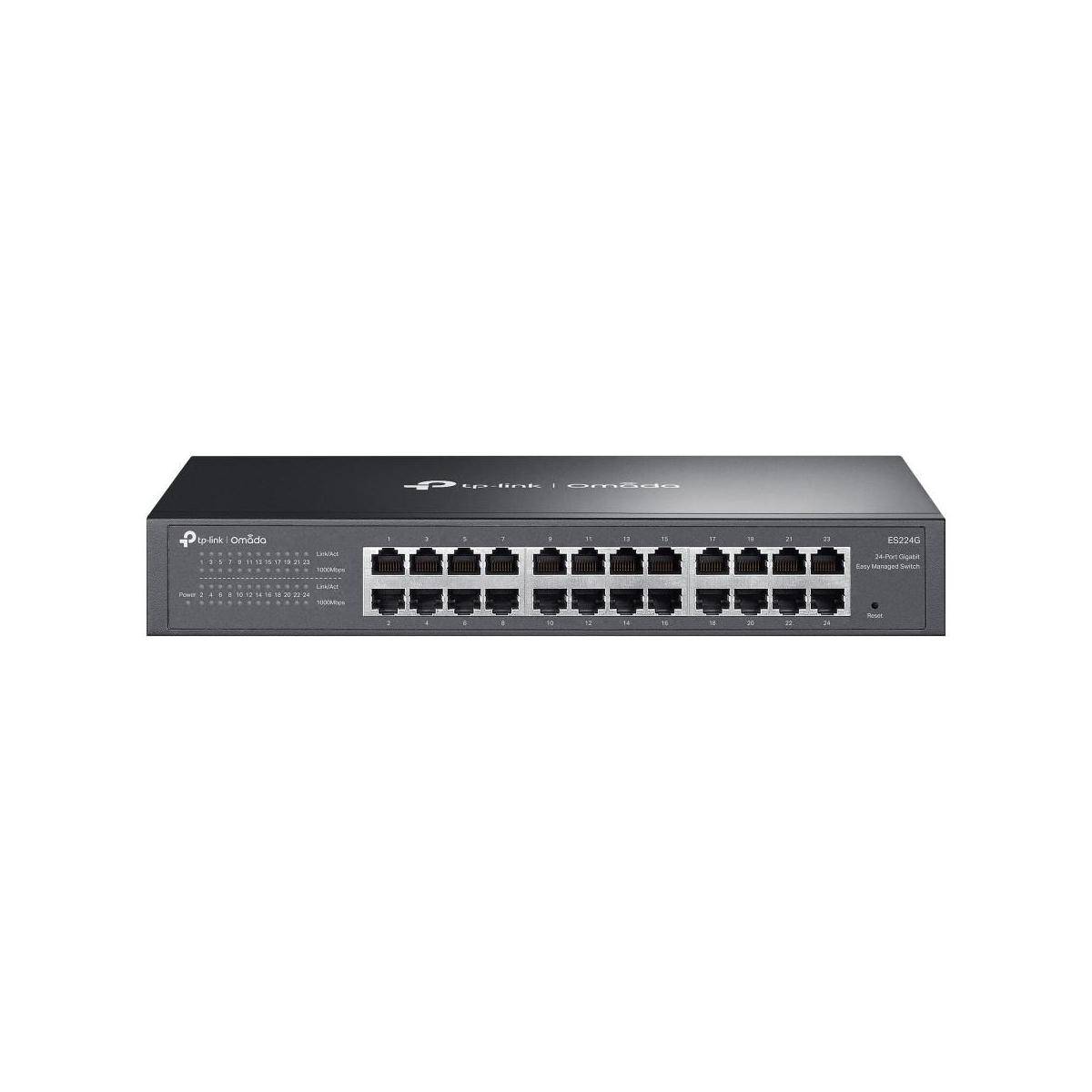 Frontansicht eines 24-Port-Ethernet-Netzwerk-Switches mit Reihen von RJ45-Anschlüssen auf einem dunkelgrauen Rack-Mount-Gehäuse.