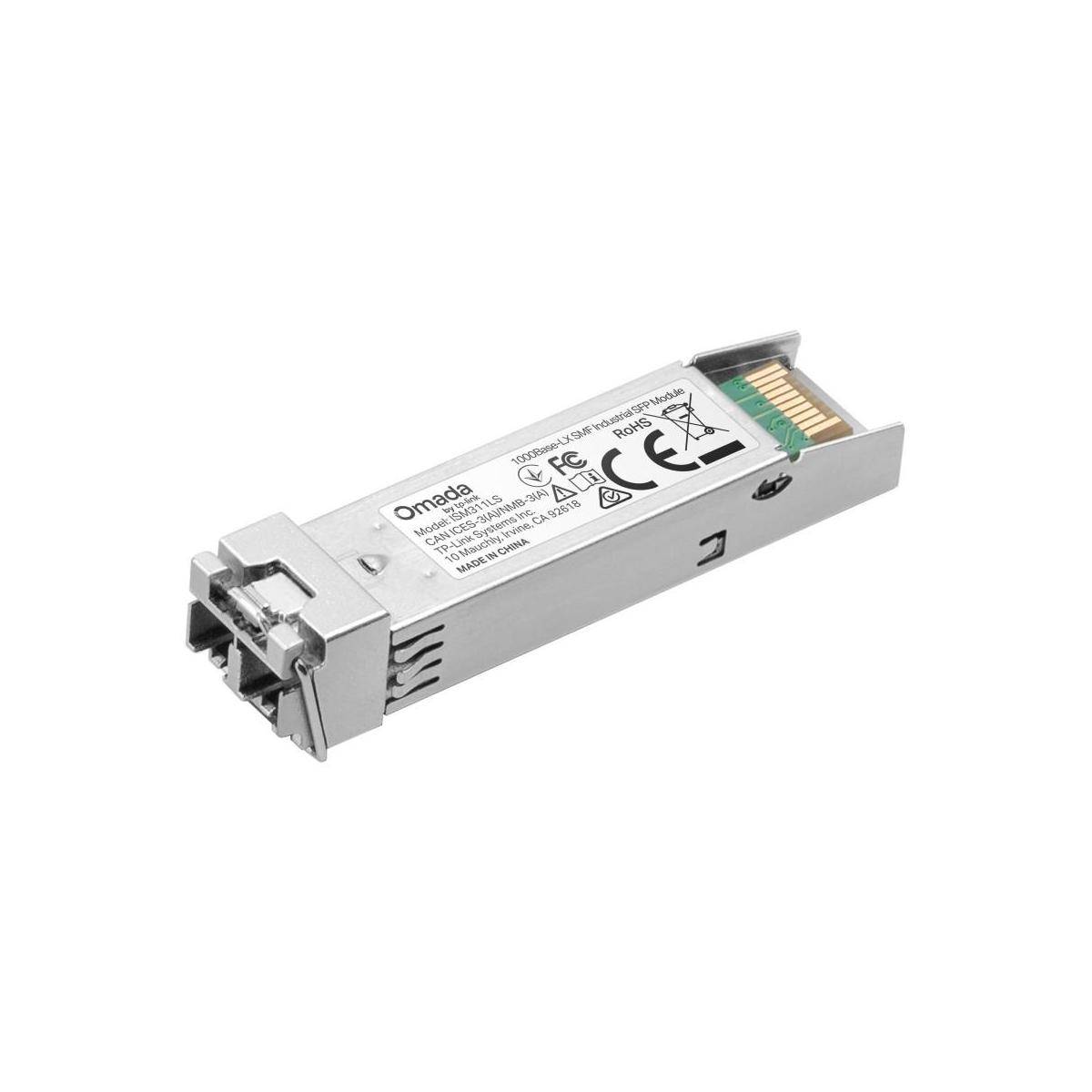 Silberfarbenes Glasfaser-Transceiver-Modul mit Ethernet-Port-Anschluss und behördlichem Kennzeichnungsetikett auf weißem Hintergrund.