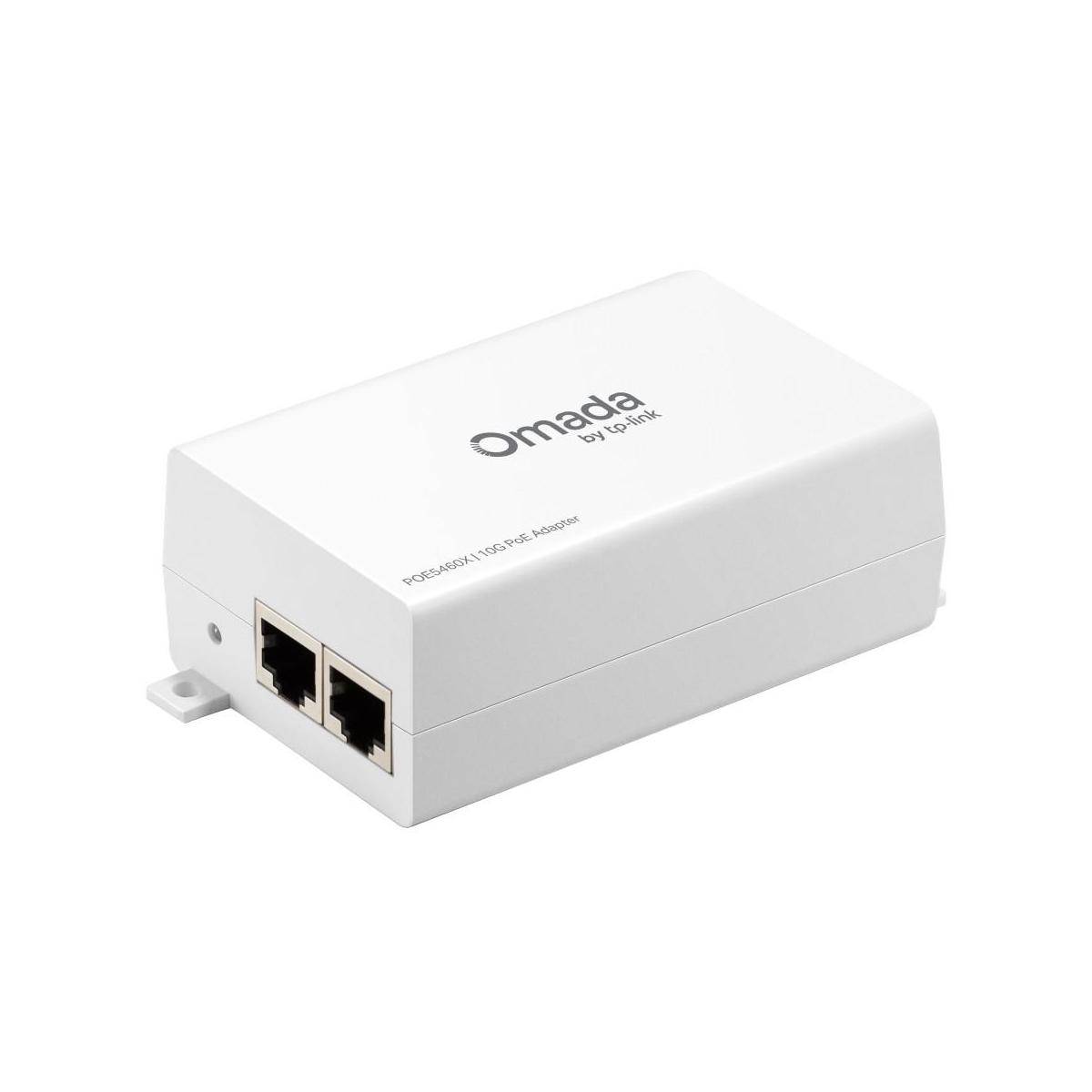 Weißer TP-Link Omada Netzwerkadapter mit zwei Ethernet-Anschlüssen auf der Vorderseite und einer kleinen Montagelaschen.