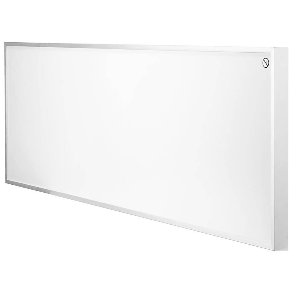 Weiße rechteckige, wandmontierte Tafel oder Leuchtkaste mit dünnem silbernem Rahmen, perspektivisch auf einfachem Hintergrund dargestellt.