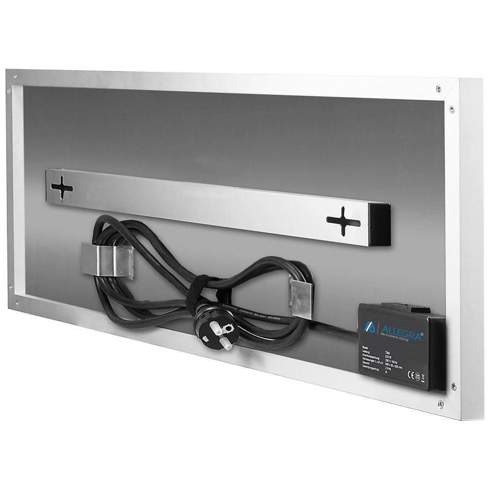 Rückansicht eines an der Wand montierten elektrischen Kamineinsatzes mit Metallrahmen, Stromkabel und Schaltkasten, der innen befestigt ist.