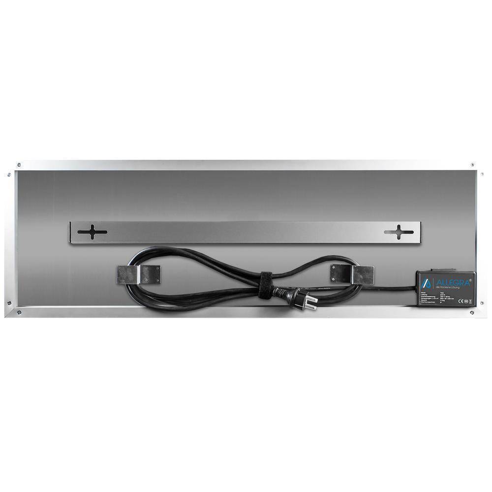 Rückseite einer rechteckigen Metall-Wandleuchte mit Kabel, Montageleiste und angebrachtem Elektrikschild.
