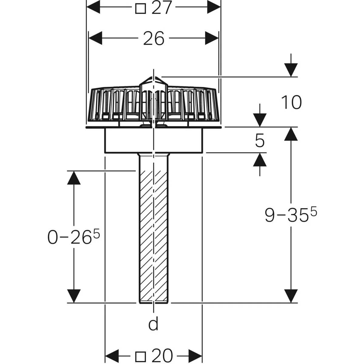 Technische Zeichnung eines gerillten Knopfes mit Gewindeschaft, mit den Abmessungen 27, 26, 20, 10, 5, 0-26,5, 9-35,5 und d.