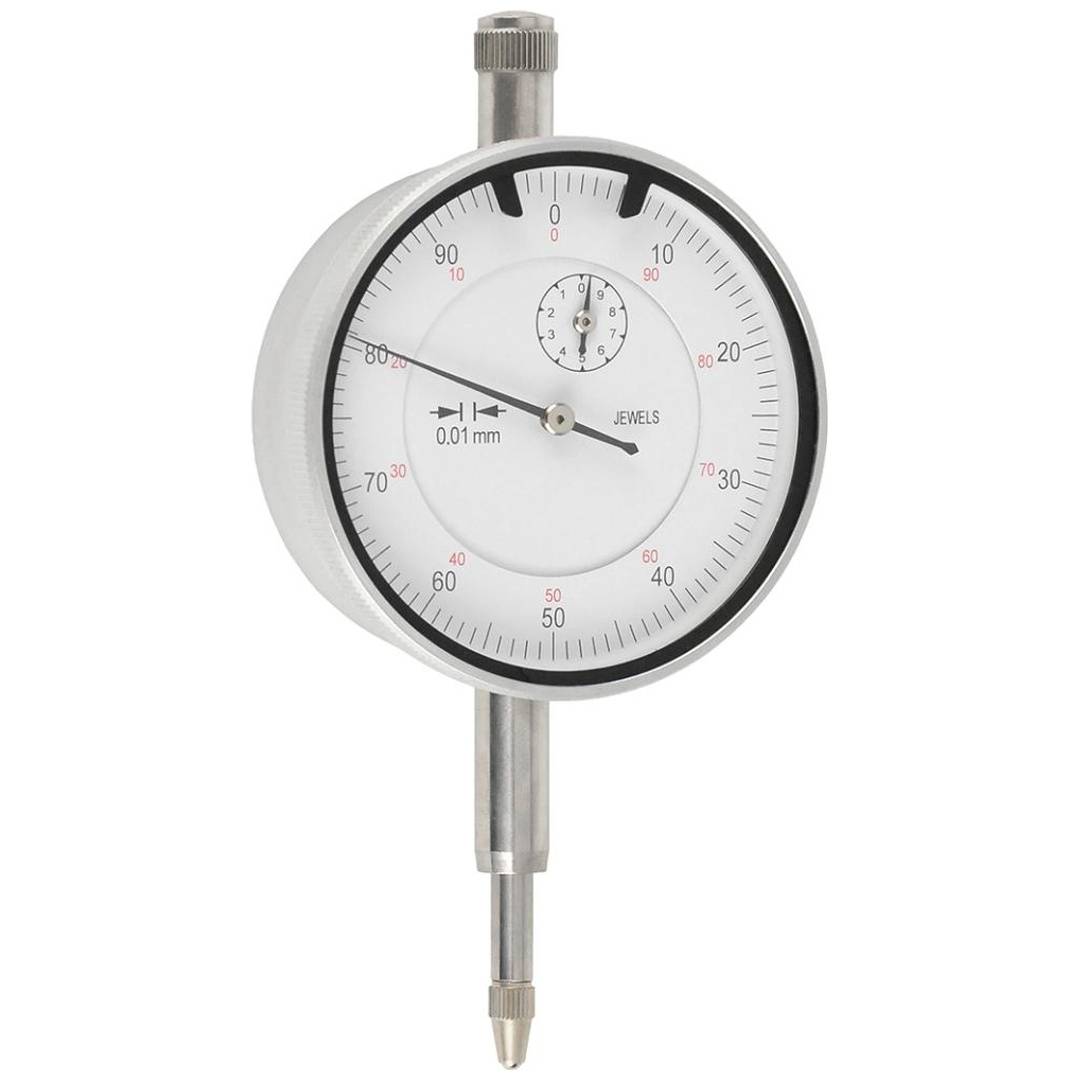 Analoges Zeigerinstrument mit einer 0,01-mm-Skalenteilung, rundem weißem Zifferblatt und Messspitze zur Messung kleiner mechanischer Verschiebungen.