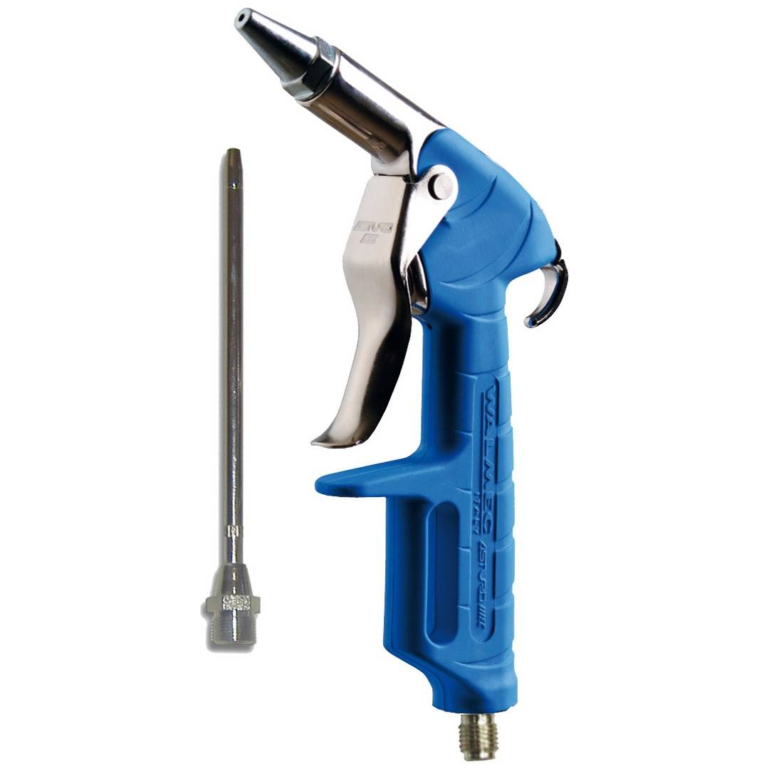 Blaspistole mit blauem Gehäuse, Metalldüse und Abzug, gezeigt neben einem schmalen Verlängerungsrohr auf weißem Hintergrund.