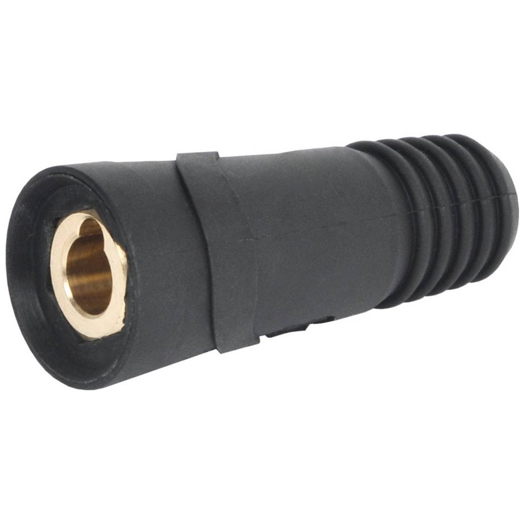 Schwarzer zylindrischer Elektrostecker-Adapter mit einer vergoldeten Metallbuchse und gerillter Endkappe auf weißem Hintergrund