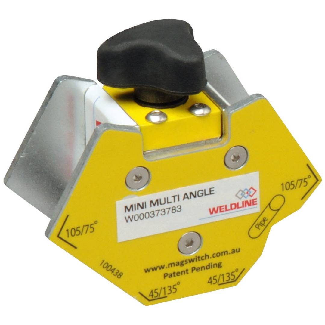 Gelbe magnetische Schweißzwinge mit schwarzem Griff, gekennzeichnet mit „MINI MULTI ANGLE