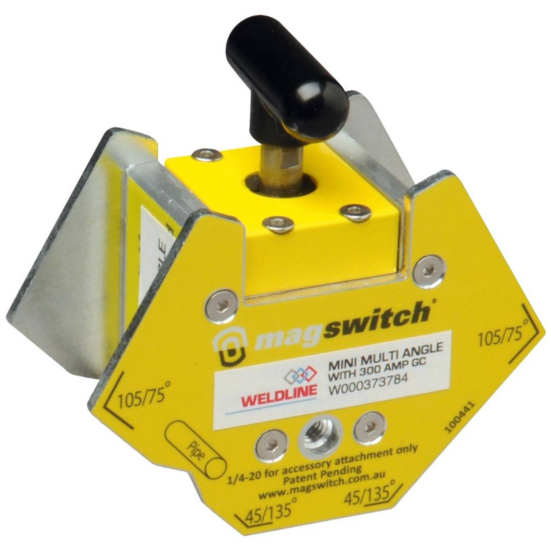 Gelbe magnetische Schweißschaltklemme mit schwarzem Griff und Winkelmarkierungen, gekennzeichnet mit „magswitch