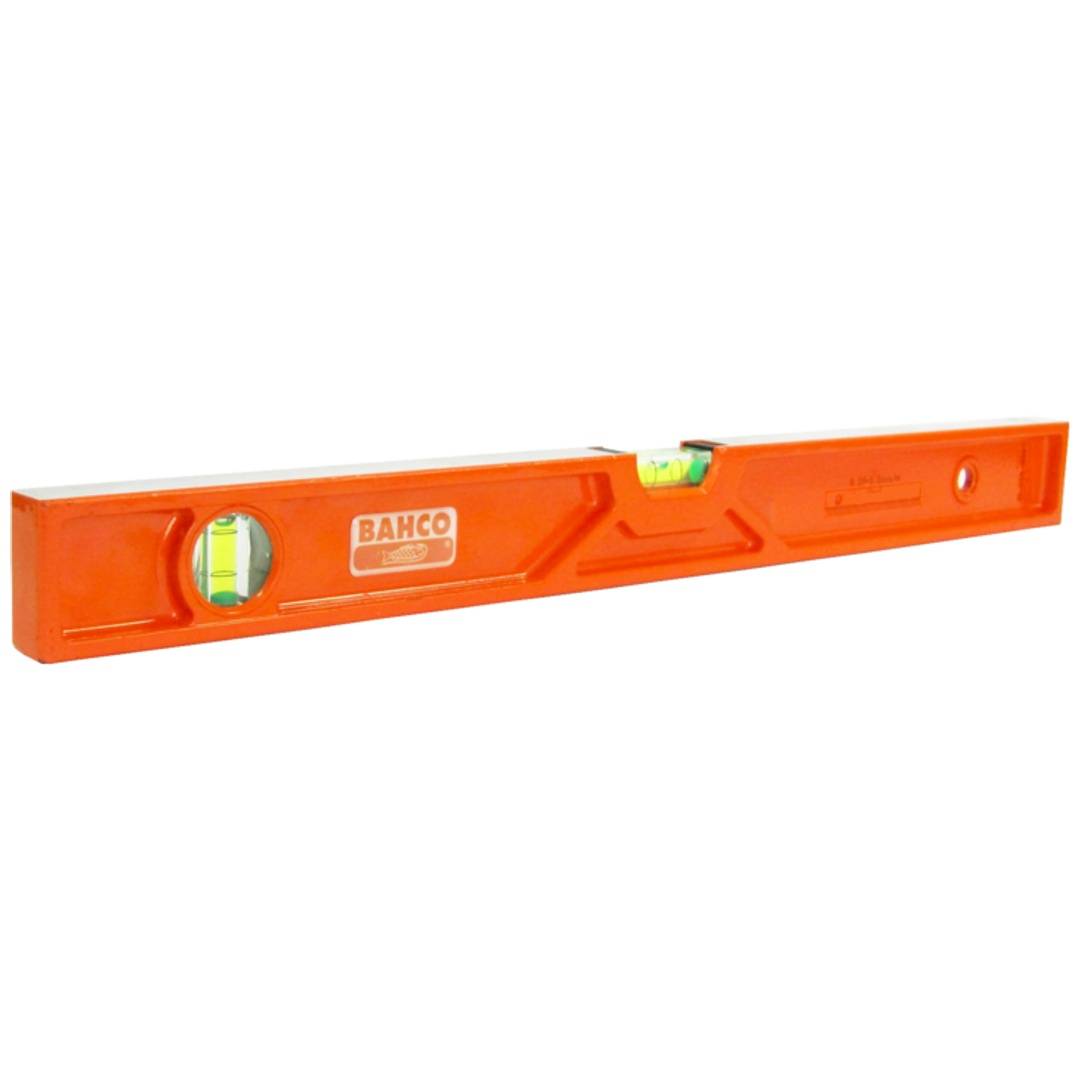 Orange Wasserwaage mit drei Luftbläschen-Behältern, Marke Bahco, auf weißem Hintergrund abgebildet.