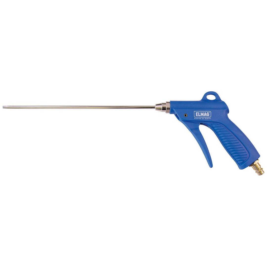 Blaue ELMAG Druckluftpistole mit langem Metallaufsatz, auf weißem Hintergrund dargestellt.