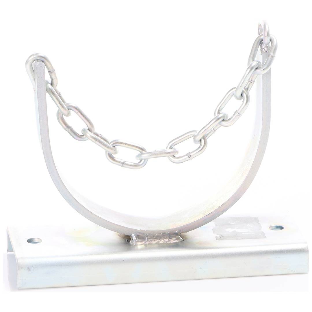 U-förmige Metallkette, die zwischen zwei oberen Pfosten auf einer weißen Basis befestigt ist und einer Hänge- oder Prüfvorrichtung ähnelt.