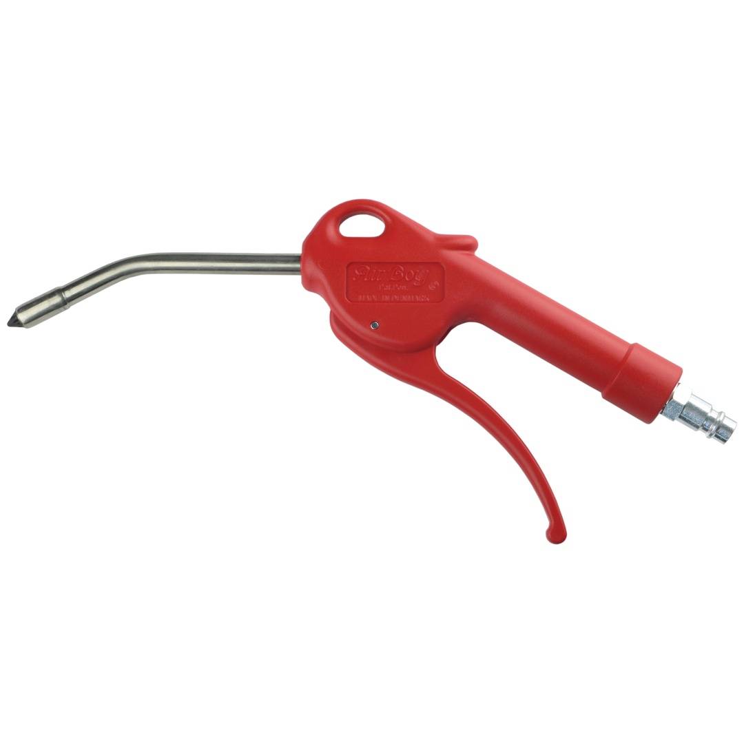 Rote Druckluftpistole mit gebogenem Metalldüsenstück und Griffschalter, verwendet zum Richten von Druckluft.