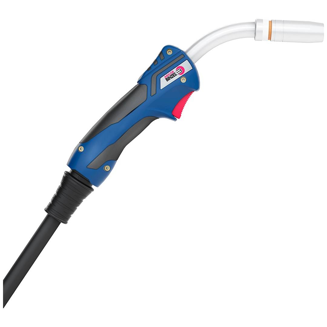 Blauer und schwarzer Schweißbrennergriff mit gebogenem Hals, Kabel unten angebracht und silberner Düse oben rechts auf weißem Hintergrund.
