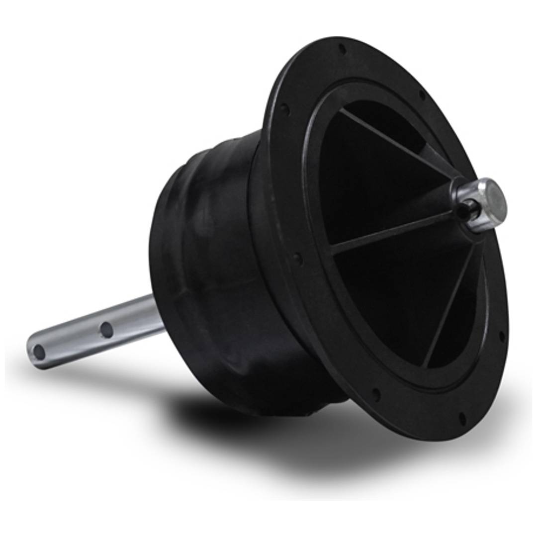 Schwarze Gummirad- oder Rolleneinheit mit Metallachse und Befestigungsflansch, dargestellt auf weißem Hintergrund.