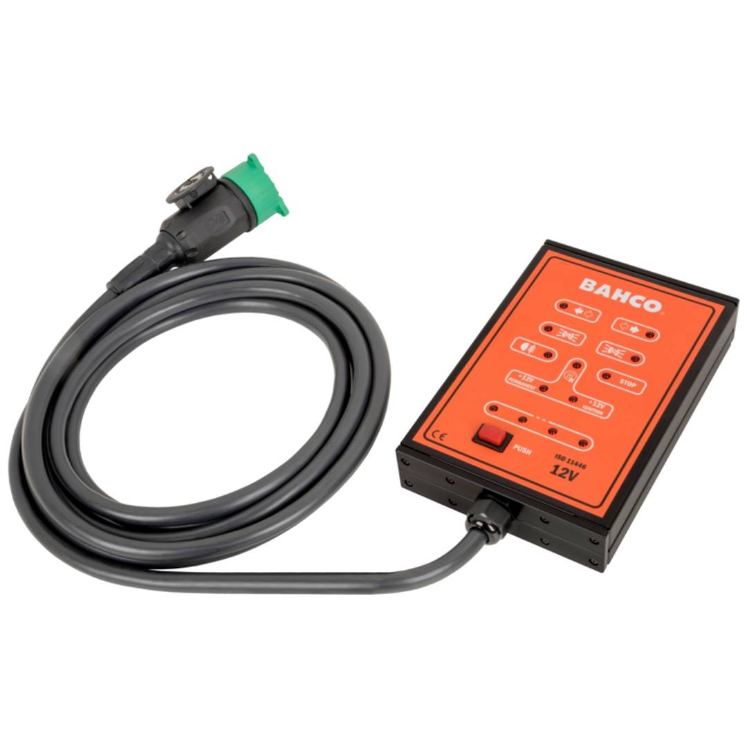BAHCO 12V-Batterietester mit angebrachtem Kabel und Stecker auf weißem Hintergrund.