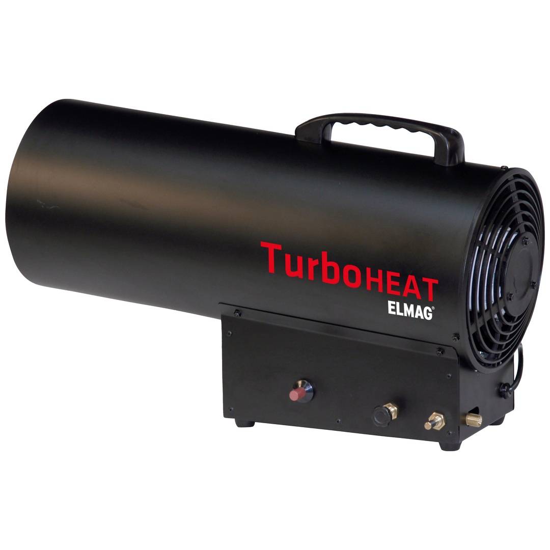 Schwarzer zylindrischer tragbarer Heizer mit Griff und frontalem Ventilator, gekennzeichnet mit „TurboHEAT