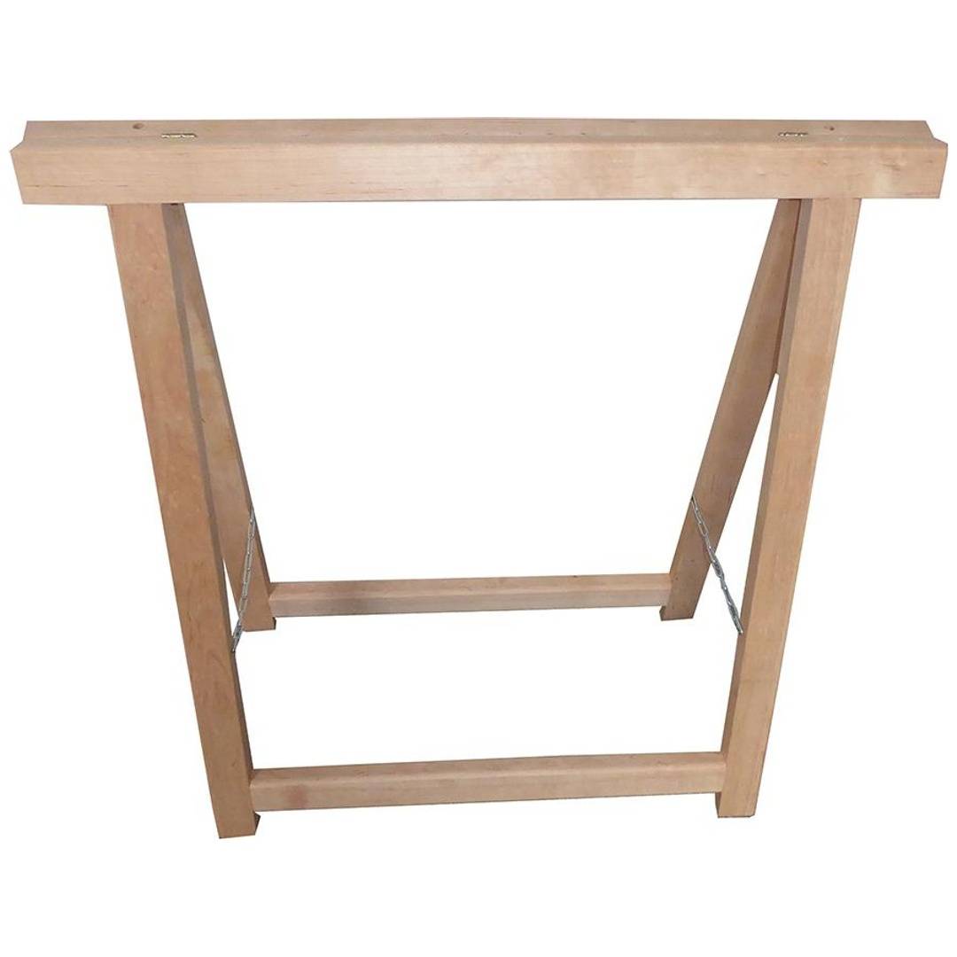 Holzklappbare Bockgestell-Tischplatte mit schrägen Beinen und Querstreben auf weißem Hintergrund.