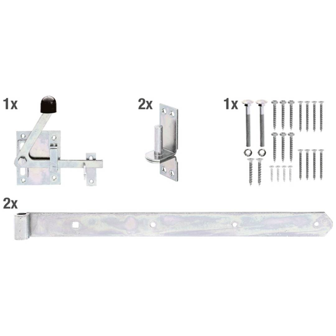Hardware-Set mit Fensterhalterung, Riegel und Befestigungszubehör, bestehend aus 1 Riegel, 2 Halterungen, 1 Schraubensatz und 2 langen Befestigungsarmen.