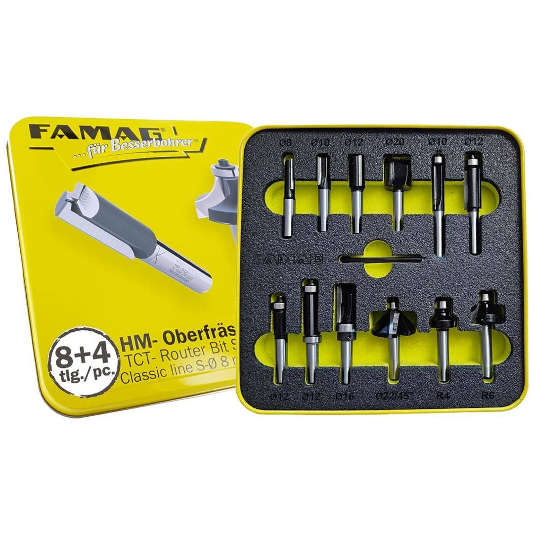 Gelbes FAMAG-Fräsbitset in einem Schaumstoffkoffer mit 8+4 HM-Bits, nach Größe sortiert für die Holzbearbeitung.