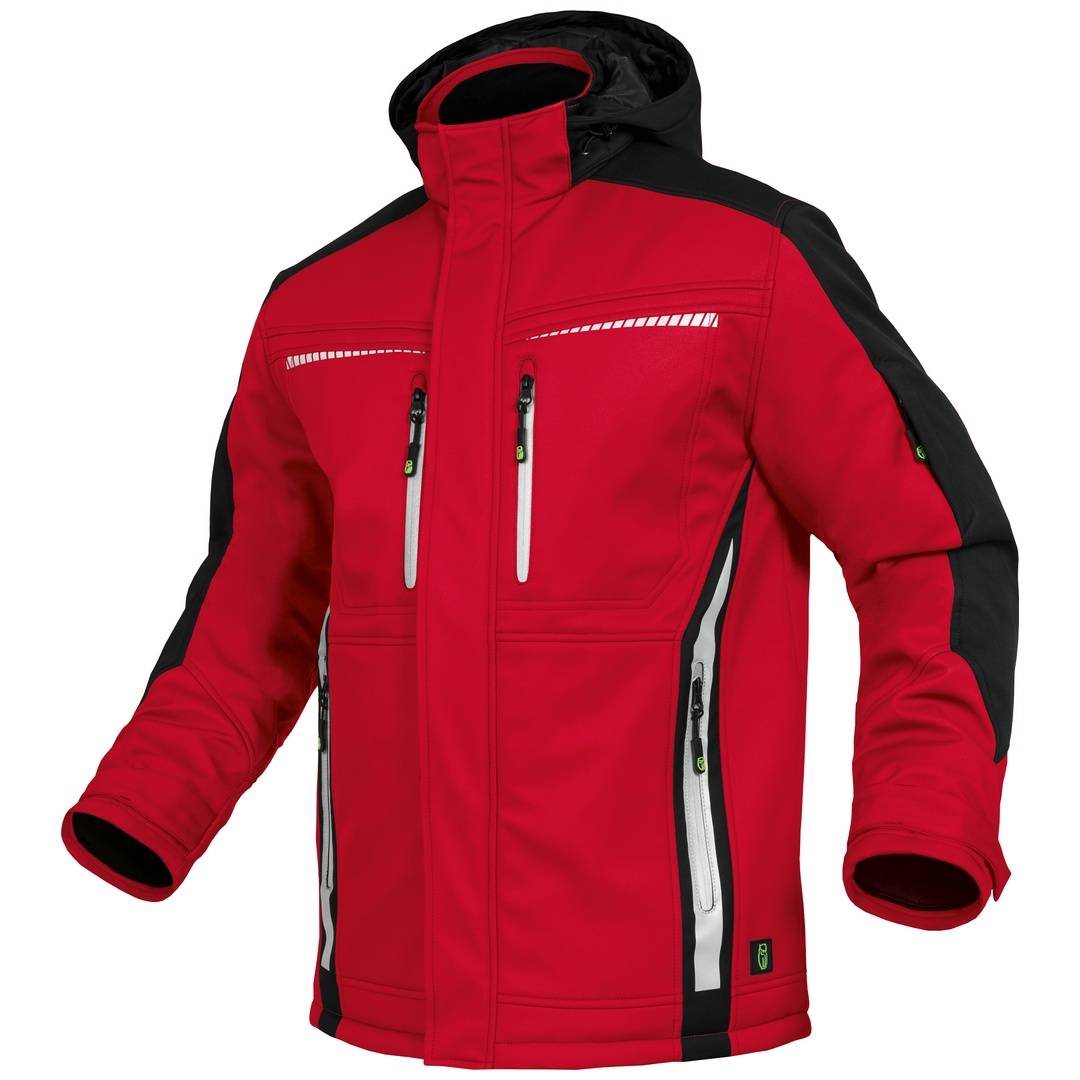 Rot-schwarze Kapuzen-Reißverschluss-Außenjacke mit mehreren Taschen und reflektierendem Besatz, vor weißem Hintergrund abgebildet.