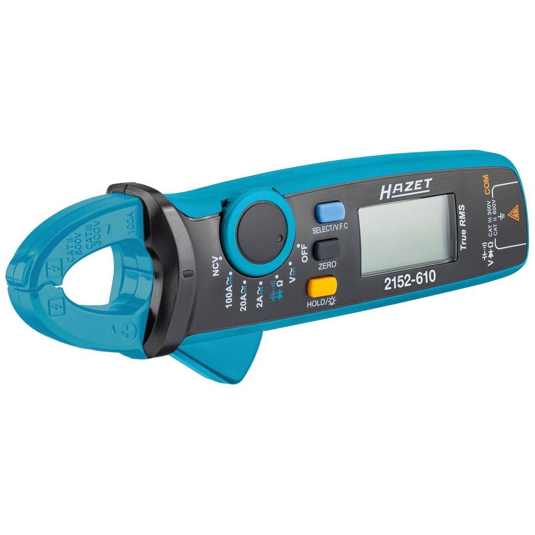 Digitale Zangenmessgeräte mit blauem Messkopf und Display, Modell HAZET 2152-610, zur Messung von elektrischem Strom.