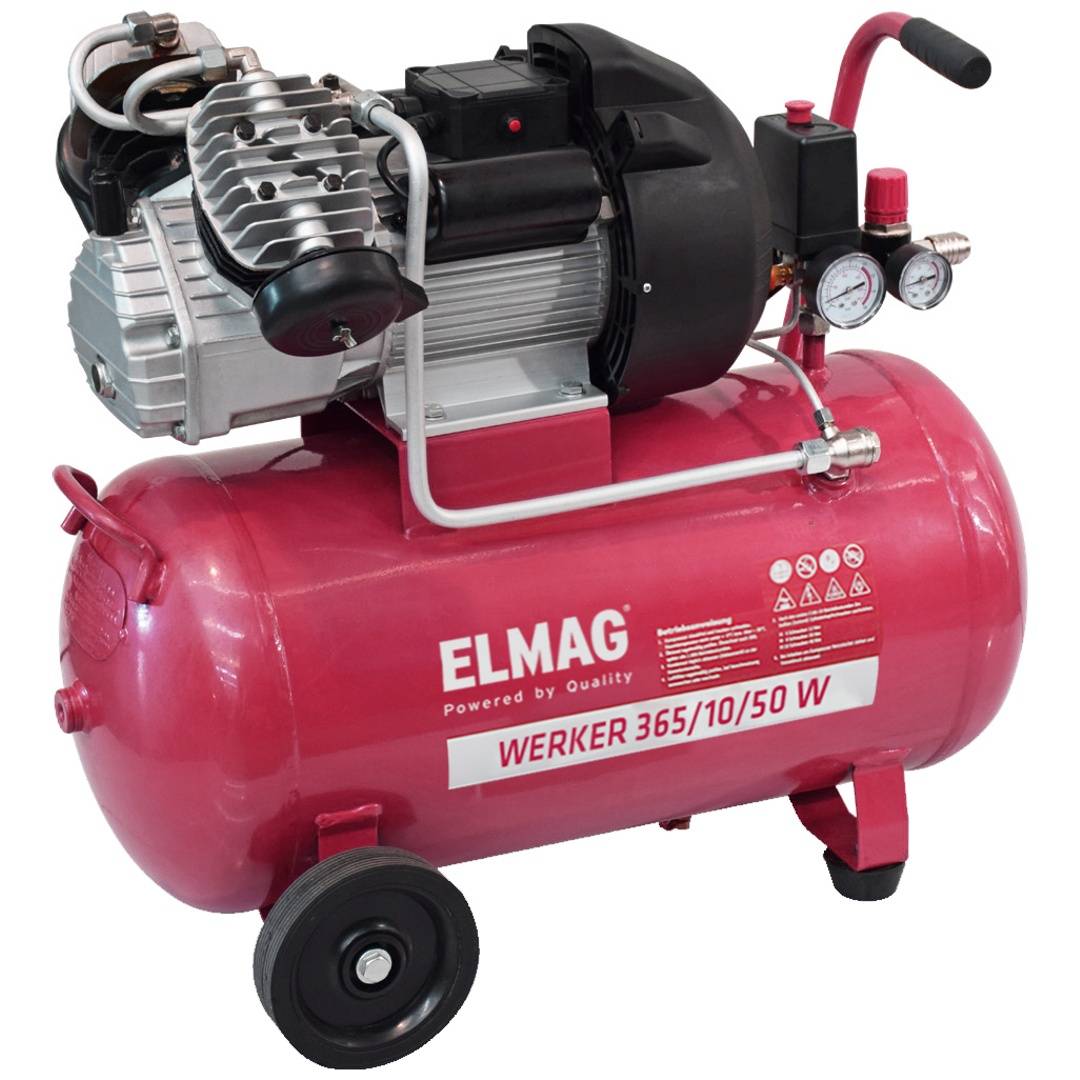 Tragbarer roter Luftkompressor mit Rädern, Druckmanometer, Griff und schwarzem Motor auf der Oberseite; gekennzeichnet mit „ELMAG WERKER 365/10/50 W