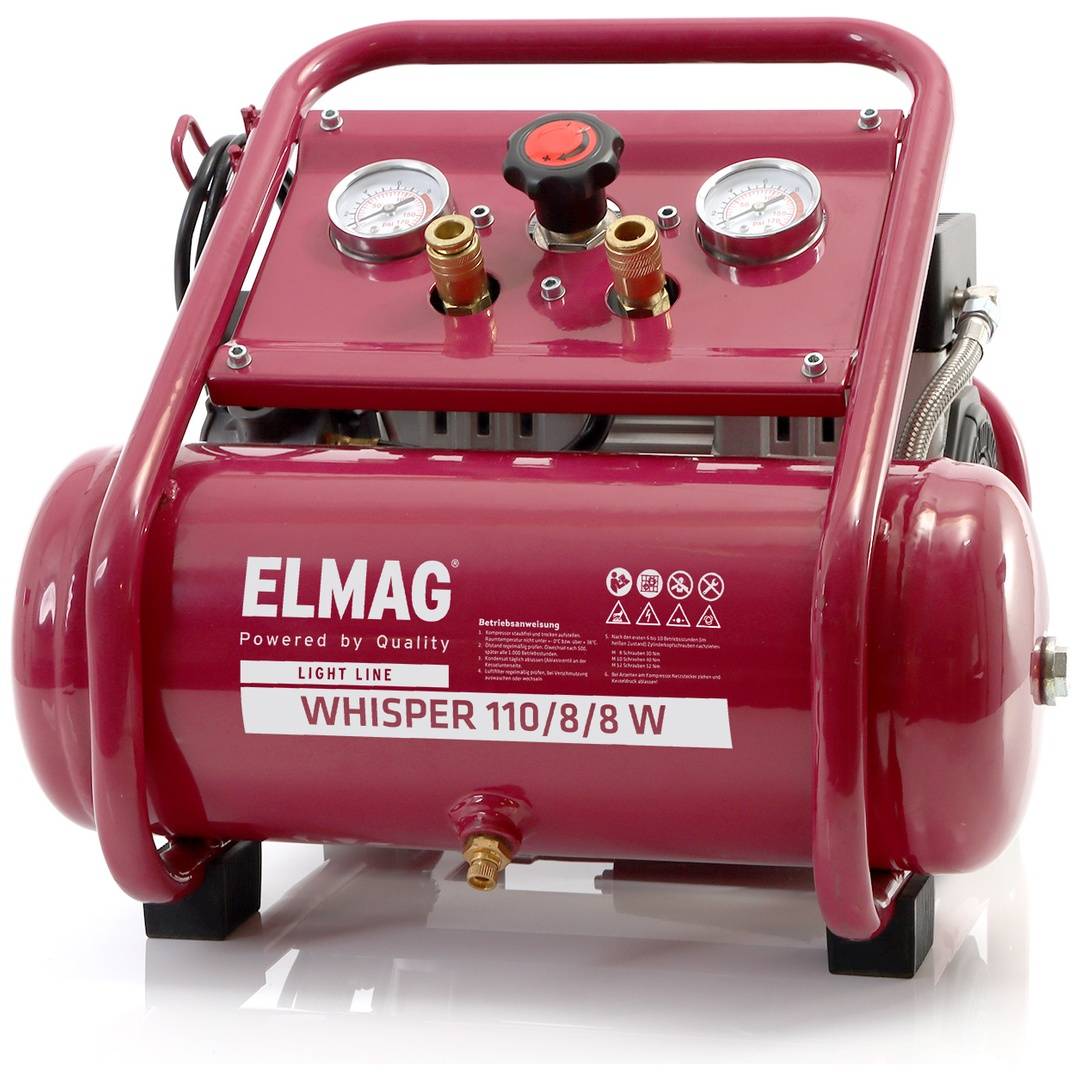Tragbarer roter ELMAG Luftkompressor mit Griff, Manometern, Schläuchen und der Bezeichnung „WHISPER 110/8/8 W
