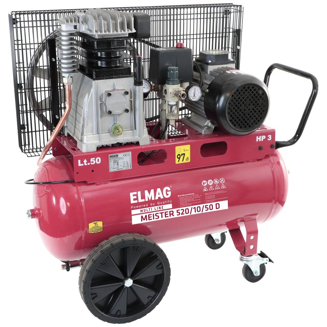 Tragbarer roter Druckluftkompressor auf Rädern mit schwarzem Motor, Druckanzeige und Griff, Marke ELMAG MEISTER 520/10/50 D.