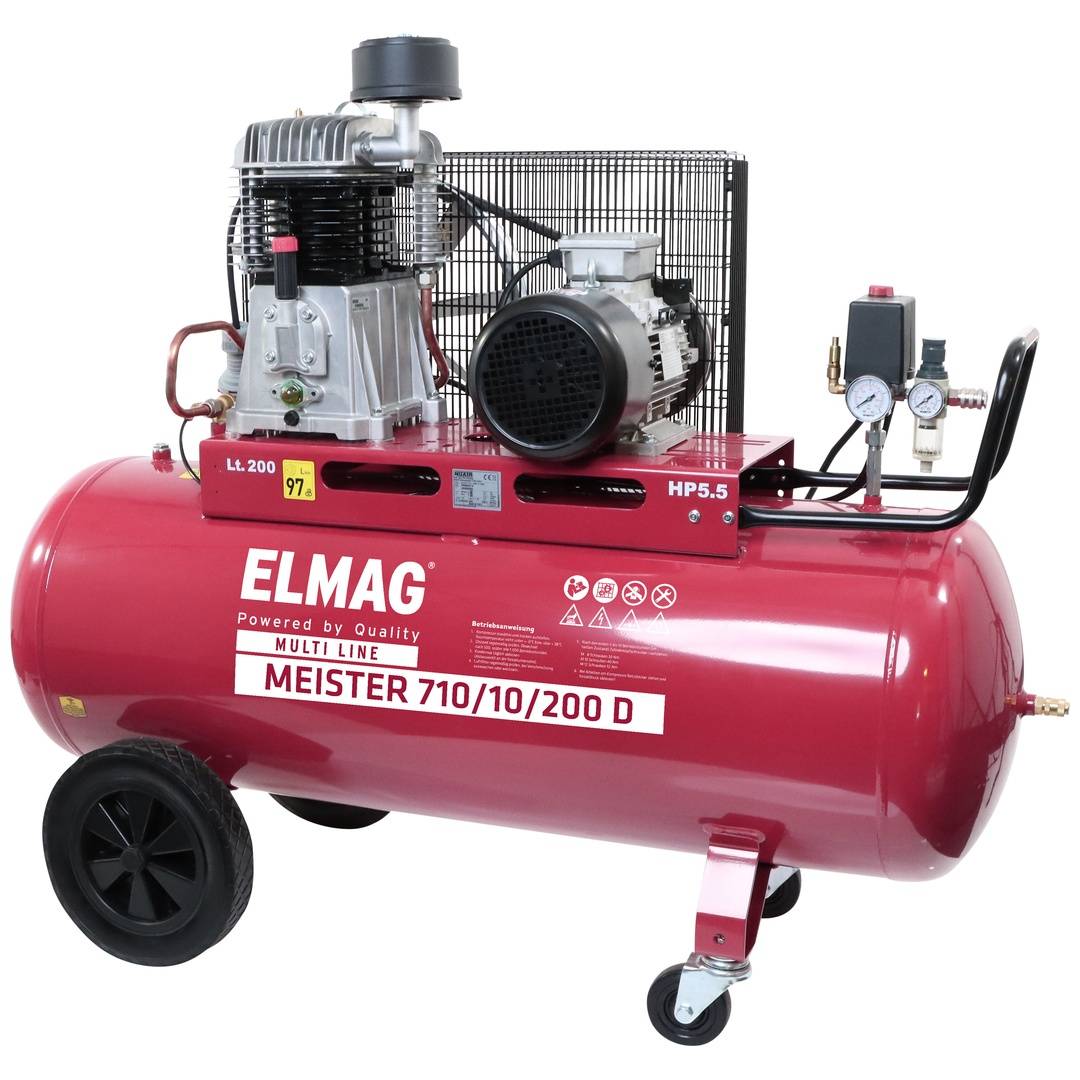 Tragbarer roter Luftkompressor mit Rädern, Motor und Manometern, mit der Bezeichnung ELMAG Multi Line Meister 710/10/200 D.